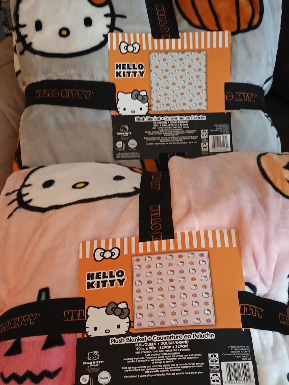 WT Set of 2 Hello Kitty Halloween Blanket Full Queen 90x90 Pink Grey Pumpkin